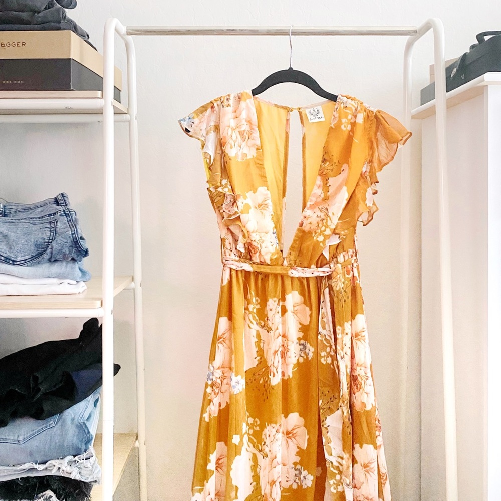 Mustard yellow floral maxi dress with frill hem